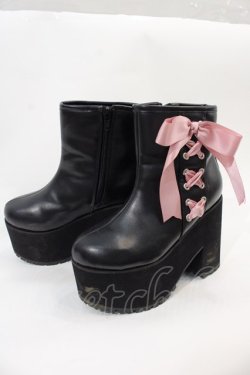 画像3: DearMyLove / Satin Ribbon Wedge Boots 22.5CM 黒Ｘピンク I-25-01-05-124-EL-SH-HD-ZT-K002