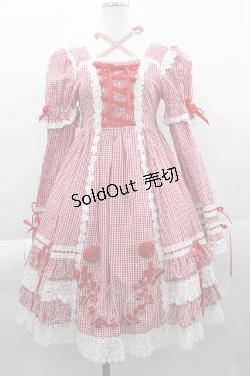 画像1: BABY,THE STARS SHINE BRIGHT / ギンガムチェック巻きバラドールワンピース＆ヘッドドレス  赤 I-25-04-10-045-BA-OP-HD-ZI (1)