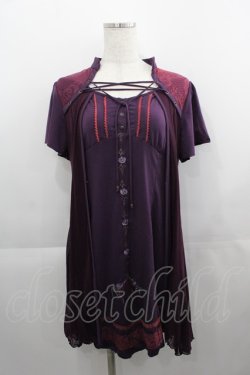 画像1: Ozz Croce / フロント縦ローズシャンデリア刺繍&チュール重ね半袖ワンピース  パープル I-25-04-21-072-OO-OP-HD-ZI