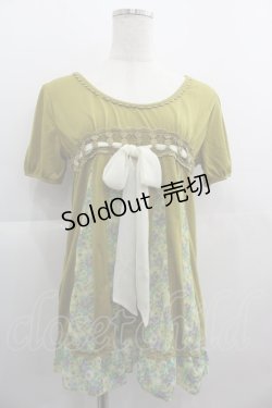 画像1: axes femme / フラワー切替半袖トップス  カーキ I-25-05-01-031-AX-TO-HD-ZI