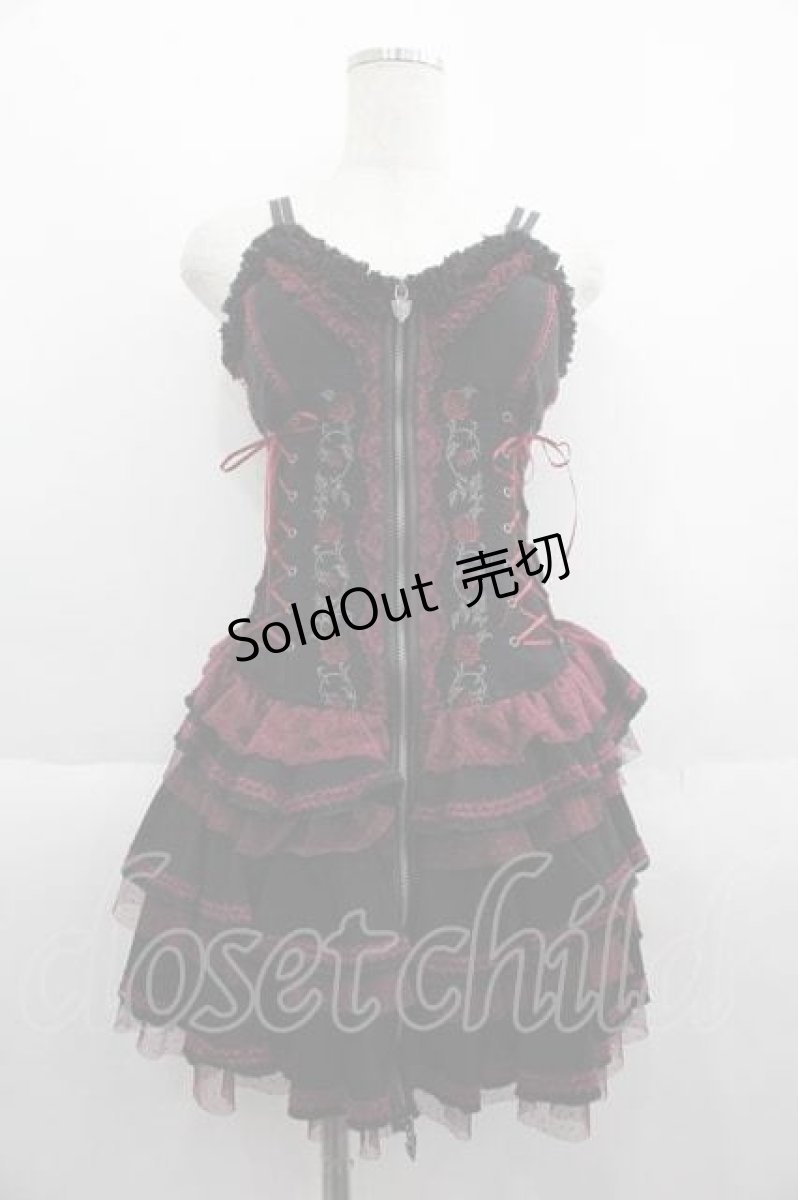 画像1: OZZ ANGELO / 薔薇刺繍サイド編み上げコルセットキャミワンピース  黒Ｘ赤 I-25-05-29-097-OO-OP-HD-ZI (1)