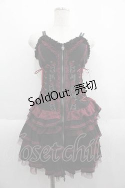 画像1: OZZ ANGELO / 薔薇刺繍サイド編み上げコルセットキャミワンピース  黒Ｘ赤 I-25-05-29-097-OO-OP-HD-ZI