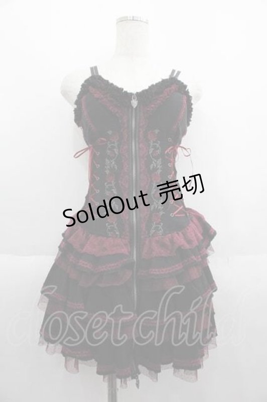 画像1: OZZ ANGELO / 薔薇刺繍サイド編み上げコルセットキャミワンピース  黒Ｘ赤 I-25-05-29-097-OO-OP-HD-ZI (1)