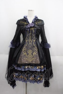 画像1: 桜洛芙（海外ロリータブランド） / ラメ袖&フロント刺繍ワンピース S 黒Ｘゴールド I-25-06-01-073-LO-OP-HD-ZI