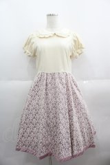 Shirley Temple / ベルベット切替レース刺繍ワンピース 160CM アイボリーＸピンク I-25-06-08-097-ET-OP-HD-ZI