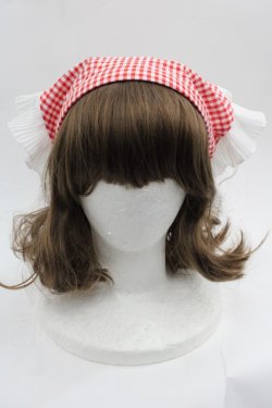 画像2: LOLITAその他(お買取対象外) / ギンガムチェックプリーツフリルバブーシュカ風カチューシャ  赤チェックＸ白 I-25-06-11-111-LO-AC-HD-ZI