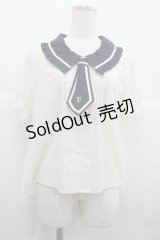 Fi.n.t / ネクタイ付き半袖シフォンブラウス  アイボリーＸネイビー I-25-07-09-017-CA-BL-HD-ZI