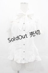 Ozz oneste / リボンタイデザイン薔薇刺繍半袖スナップボタンブラウス  白Ｘピンク I-25-07-16-017-OO-BL-HD-ZI