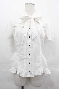 Ozz oneste / リボンタイデザイン薔薇刺繍半袖スナップボタンブラウス  白Ｘピンク I-25-07-16-017-OO-BL-HD-ZI