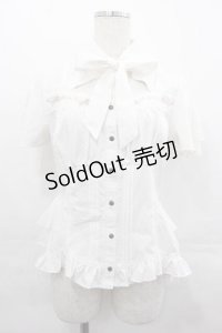 Ozz oneste / リボンタイデザイン薔薇刺繍半袖スナップボタンブラウス  白Ｘピンク I-25-07-16-017-OO-BL-HD-ZI