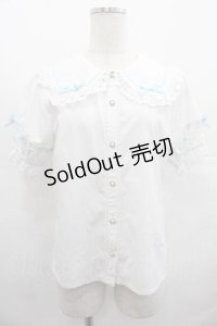 axes femme kawaii / 梯子レース半袖ブラウス  白Ｘサックス I-25-07-19-011-AX-BL-HD-ZI