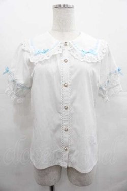 画像1: axes femme kawaii / 梯子レース半袖ブラウス  白Ｘサックス I-25-07-19-011-AX-BL-HD-ZI