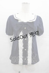 axes femme / フロントレースシフォンフリル半袖カットソー  ネイビー I-25-07-19-017-AX-TO-HD-ZI