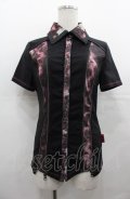 Ozz Croce / フロントZIP切替半袖スナップボタンシャツ  黒Ｘ赤 I-25-08-04-012-OO-BL-HD-ZI