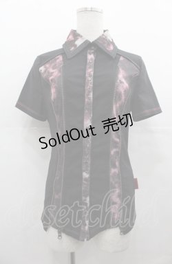 画像1: Ozz Croce / フロントZIP切替半袖スナップボタンシャツ  黒Ｘ赤 I-25-08-04-012-OO-BL-HD-ZI