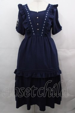 画像1: axes femme / ハシゴレース×袖バラ刺繍ワンピース  ネイビー I-25-08-15-088-AX-OP-HD-ZI