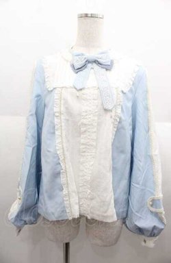 画像1: LeMiroie / リボン付きフリル長袖ブラウス  サックスＸ白 I-25-08-22-006-LO-BL-HD-ZI