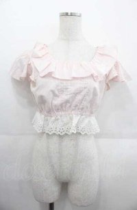 MILK / フリル半袖ショートトップス  ピンクＸ白 I-25-08-22-025-ML-TO-HD-ZI