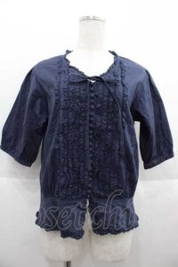 PINK HOUSE / 半袖フリルブラウス  ネイビー I-25-09-13-054-LO-BL-HD-ZT193