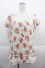 LIZ LISA / ローズブーケプリントレース半袖トップス  白Ｘピンク I-25-09-13-009-LO-TO-HD-ZT453