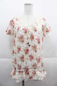 LIZ LISA / ローズブーケプリントレース半袖トップス  白Ｘピンク I-25-09-13-009-LO-TO-HD-ZT453