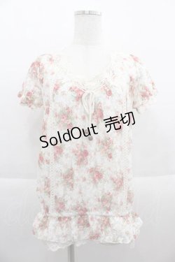 画像1: LIZ LISA / ローズブーケプリントレース半袖トップス  白Ｘピンク I-25-09-13-009-LO-TO-HD-ZT453