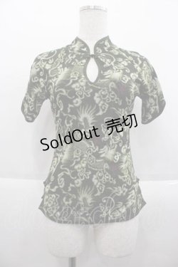 画像1: Ozz On / チャイナ総柄ハイネック半袖トップス  グリーン I-25-09-18-043-OO-TO-HD-ZI