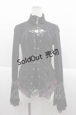 画像1: Ozz Croce / 薔薇刺繍フロント編み上げハイネックトップス  黒Ｘ赤 I-25-09-18-055-OO-TO-HD-ZI