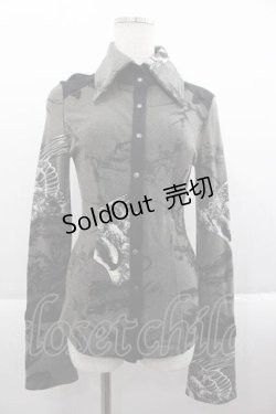 画像1: Ozz oneste / サイドチャイナデザインプリントスナップボタンシャツ  グレーＸ黒Ｘ白 I-25-09-18-025-OO-BL-HD-ZI