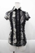 Ozz On / スナップボタン総柄シースルー半袖シャツ  黒Ｘ白 I-25-09-18-026-OO-BL-HD-ZI