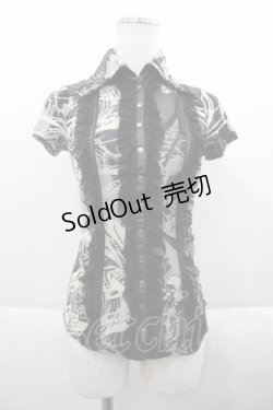 画像1: Ozz On / スナップボタン総柄シースルー半袖シャツ  黒Ｘ白 I-25-09-18-026-OO-BL-HD-ZI