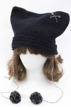 画像1: NieR Clothing / ポンポン×安ピン付き猫耳ニットキャップ  ブラック I-25-09-27-025-PU-AC-SA-ZI