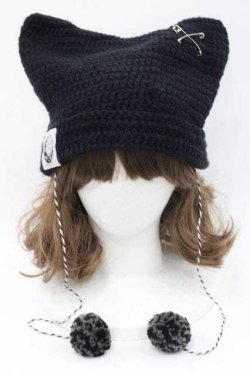 画像2: NieR Clothing / ポンポン×安ピン付き猫耳ニットキャップ  ブラック I-25-09-27-025-PU-AC-SA-ZI