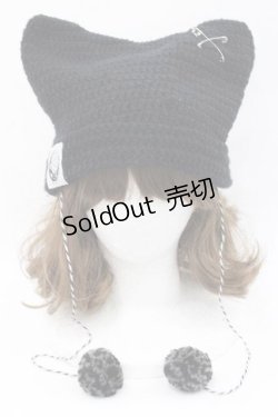 画像2: NieR Clothing / ポンポン×安ピン付き猫耳ニットキャップ  ブラック I-25-09-27-025-PU-AC-SA-ZI