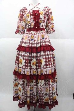 画像1: axes femme kawaii / ベアズベーカリー柄ロングワンピース M ボルドー I-25-09-30-065-AX-OP-SA-ZI