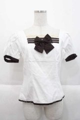 MARBLE / リボンブローチ付き半袖ブラウス  白Ｘブラウン I-25-10-10-028-GO-BL-SA-ZI