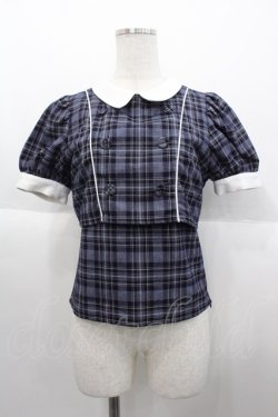 画像1: Bubbles / ダブルボタンクロップドブラウス  ネイビーチェック I-25-10-15-005-CA-TO-SA-ZI