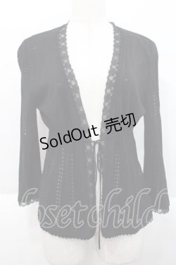 画像1: PINK HOUSE / 胸元切替五分袖カーディガン L ブラック I-25-10-18-028-LO-TO-SA-ZI