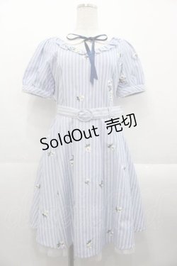 画像1: Secret Honey / フラワー刺繍ストライプ半袖ワンピース  青Ｘ白 I-25-10-21-050-CA-OP-SA-ZI
