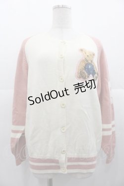 画像1: PINK HOUSE / オーバーオールくまさんワッペンニットカーディガン  白Ｘピンク I-25-11-07-037-LO-TO-SA-ZI