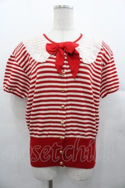 画像1: PINK HOUSE / 襟付きボーダーリボン半袖カーディガン  赤Ｘ白 I-25-11-07-032-LO-TO-SA-ZI