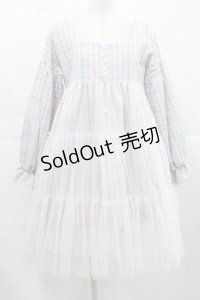 Jnorii Bonbon22 / チェック柄チュール付きワンピース S サックスＸピンクチェック I-25-11-15-049-LO-OP-SA-ZI