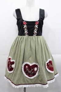 Pretty Rock Baby（海外ロリータブランド） / ベロア切替ジャンパースカート S ブラック×グリーン I-25-11-18-043-LO-OP-SA-ZS