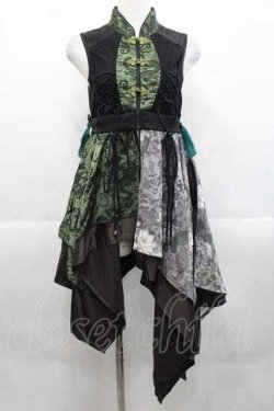 画像1: Qutie Frash / チャイナノースリーブチュニック  黒Ｘ緑 I-25-11-18-061-QU-TO-SA-ZI