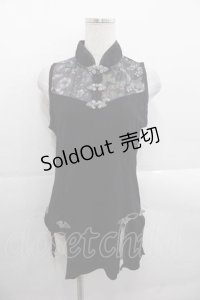Qutie Frash / 和柄メッシュ切替チャイナノースリーブトップス  黒 I-25-11-18-014-QU-TO-SA-ZI