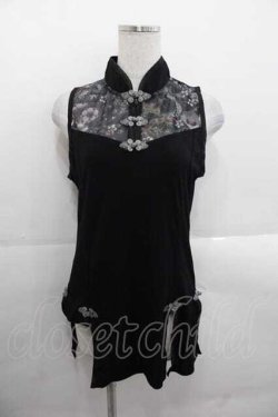 画像1: Qutie Frash / 和柄メッシュ切替チャイナノースリーブトップス  黒 I-25-11-18-014-QU-TO-SA-ZI