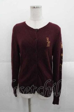 画像1: Jane Marple / 袖クラウン編み込みニットカーディガン M ボルドー I-25-11-18-005-JM-TO-SA-ZI