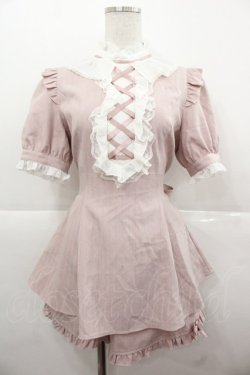 画像1: Secret Honey / 編み上げストライプ半袖ブラウス&ショートパンツセットアップ  ピンクＸ白 I-25-11-24-073-CA-OP-SA-ZI