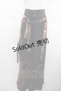 Qutie Frash / 和柄切替ワイドパンツ  黒ＸオレンジＸ紺 I-25-11-24-092-QU-PA-SA-ZI