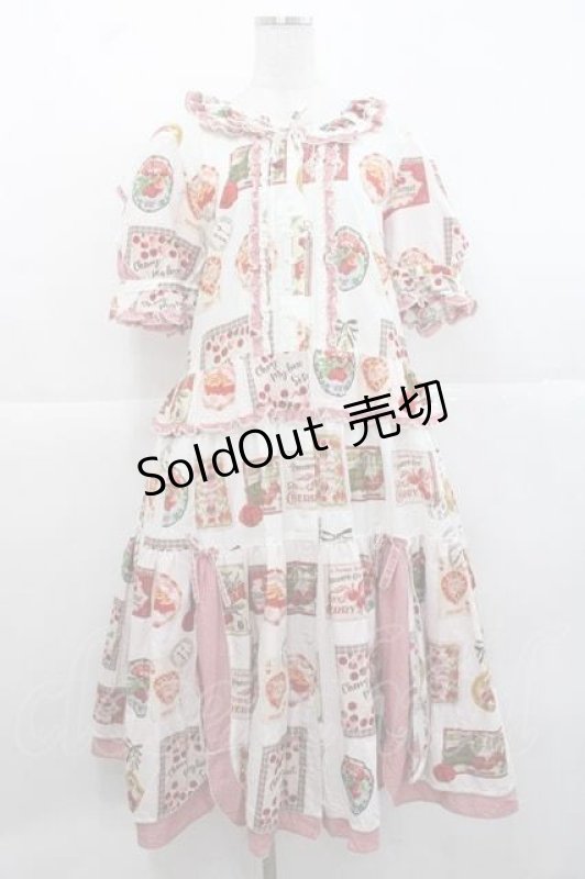 画像1: PINK HOUSE / チェリープリントパッチワーク風ワンピース  白Ｘ赤 I-25-11-27-046-LO-OP-SA-ZI (1)